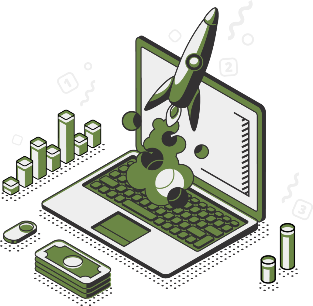 Green illustration of laptop and data
